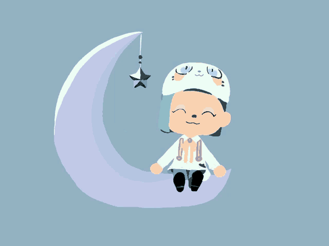 a girl is sitting on a crescent moon with a star hanging from the moon