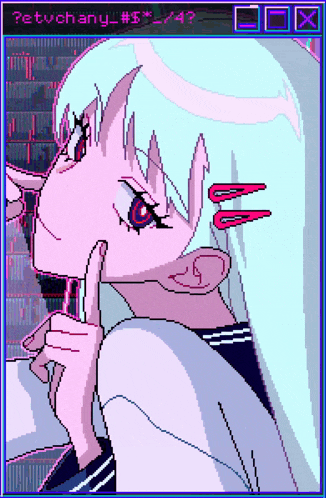 a pixel art drawing of a girl with a question mark above her