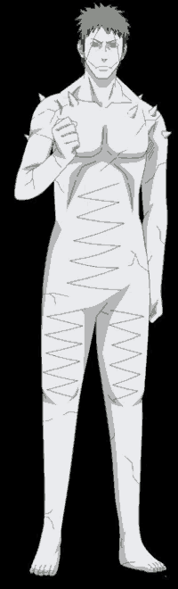 a naked man with spikes on his arms and legs is standing in front of a black background .