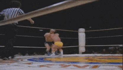 two men are wrestling in a ring with one laying on the ground .