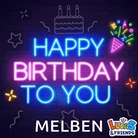a neon sign that says happy birthday to you melben lucas & friends
