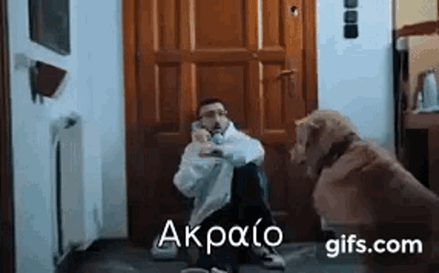 a man is sitting on the floor talking on a cell phone and a dog is standing next to him .