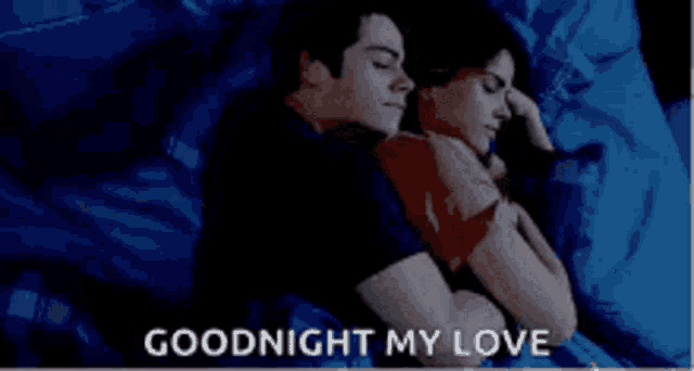 a man and a woman are sleeping on a bed with the words goodnight my love written on the bottom
