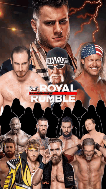 a poster for the royal rumble shows a collage of wrestlers