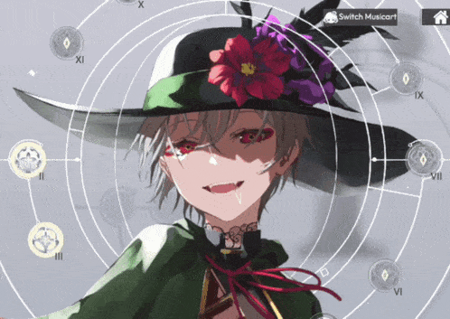 a girl with red eyes and a hat with flowers on it is surrounded by circles that say switch musiccart