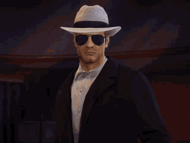 a man wearing a white hat and sunglasses is standing