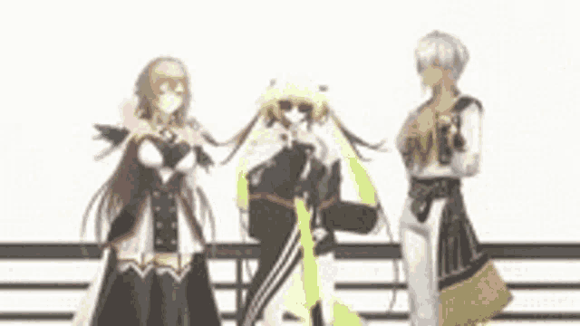 a group of anime characters standing next to each other on a white background .