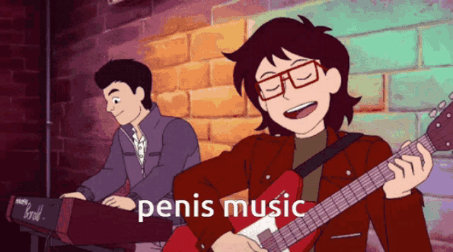 a cartoon of a man playing a keyboard and a man playing a guitar with the words penis music written below them