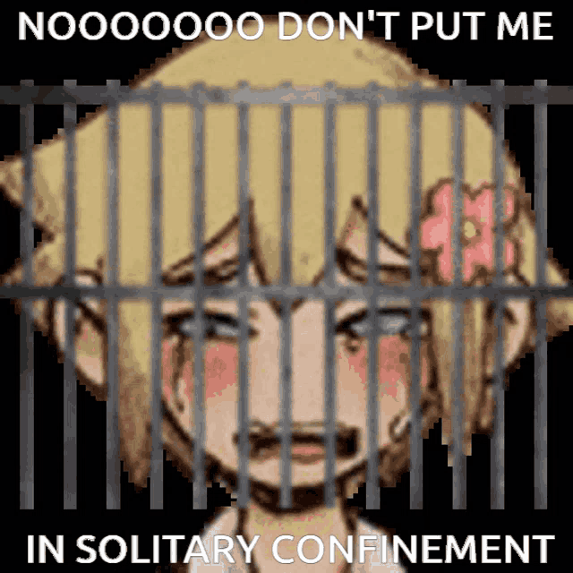 a pixel art of a girl in a jail cell with the words nooooo don t put me in solitary confinement