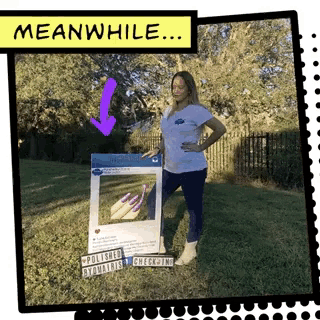 a woman is standing in the grass with a picture frame that says meanwhile on it