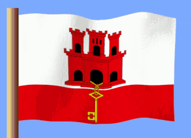 a red and white flag with a key and a castle on it