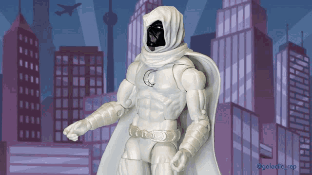 a white superhero figure with a hood and cape
