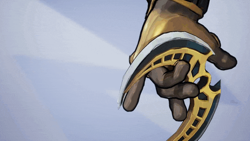 a drawing of a hand holding a crescent moon shaped blade