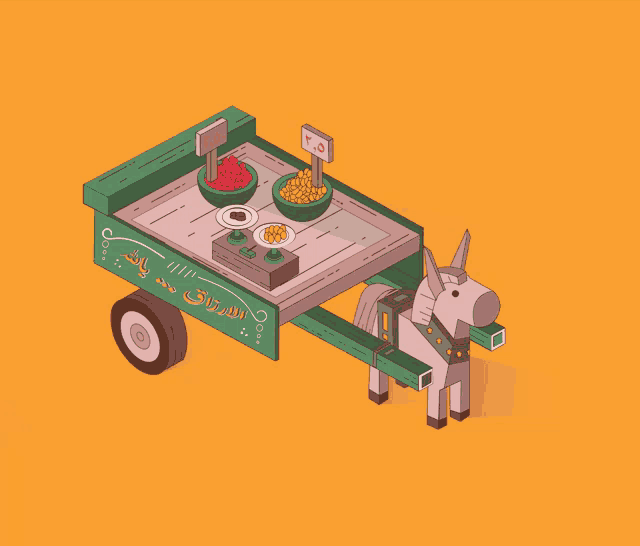 an illustration of a donkey pulling a cart with arabic writing on the side