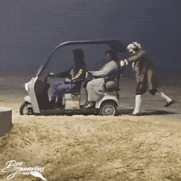 a man is pushing a golf cart with two people in it and the words ben jamming written on the bottom