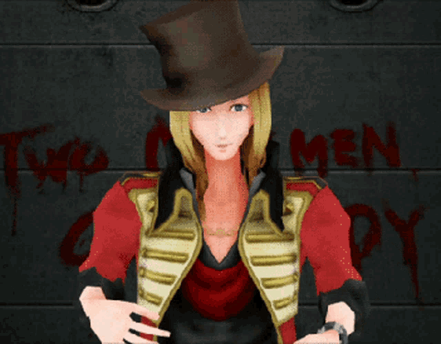 a woman wearing a top hat is standing in front of a wall that has two men spray painted on it