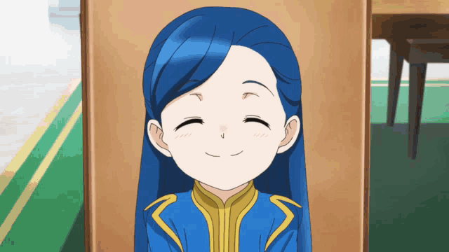 a cartoon girl with blue hair and a yellow jacket smiles