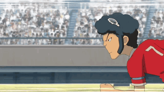 a man in a red shirt with the letter a on it is running