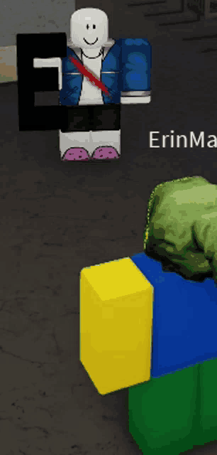 a roblox character standing next to a yellow block with the name erinma written on it