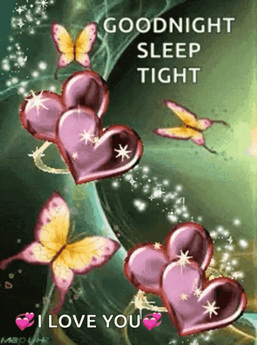 a goodnight sleep tight greeting card with butterflies and hearts