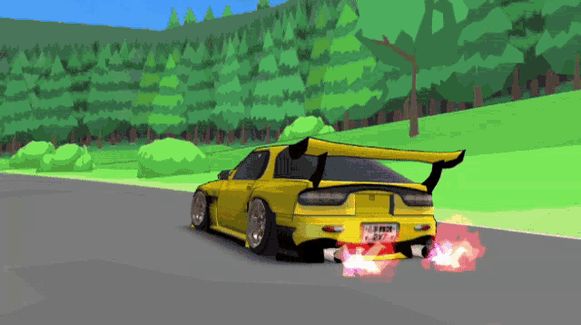 a cartoon drawing of a yellow sports car with a license plate that says j.f.m.p.