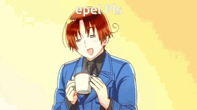 a man in a blue jacket is drinking from a cup with the words " epel pls " on the bottom