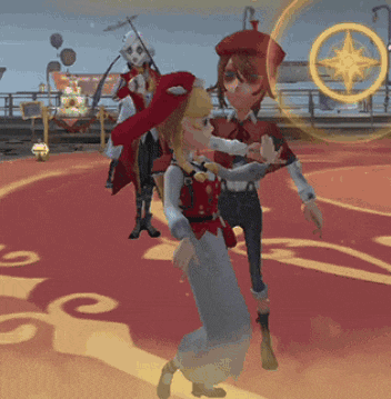 a couple of cartoon characters are dancing on a red rug