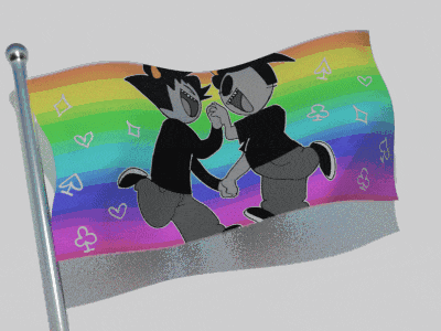 a rainbow flag with two cartoon characters dancing