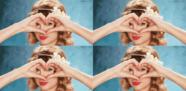 four photos of a woman making a heart shape with her hands