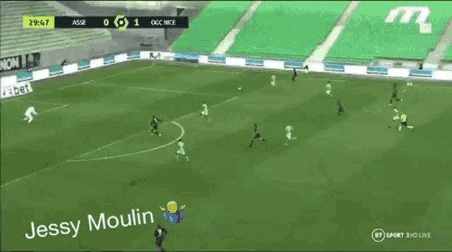 a soccer game is being played and the name jessy moulin is on the bottom of the screen
