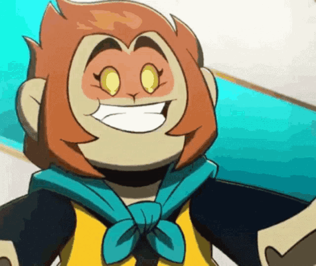 a cartoon monkey is smiling and wearing a yellow and blue vest .