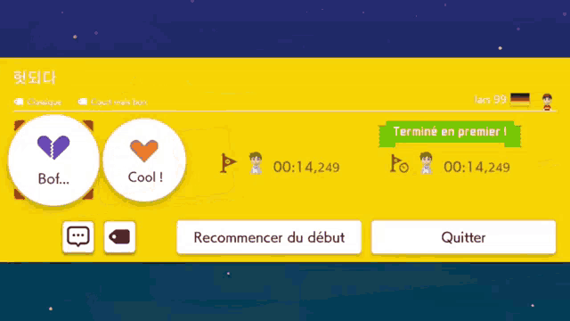 a screen shot of a video game with the time of 00:14,249 and a button that says recommencer du debut