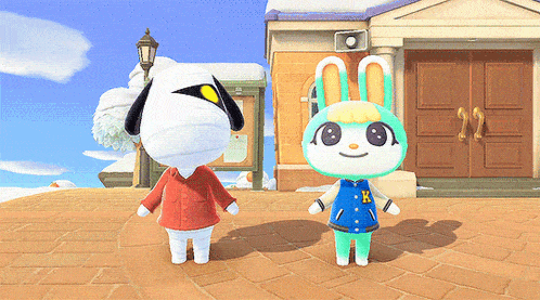 two animal crossing characters are standing next to each other on a brick sidewalk