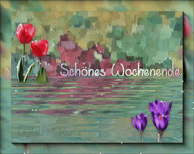 a painting with flowers and the words schönes wochenende on it