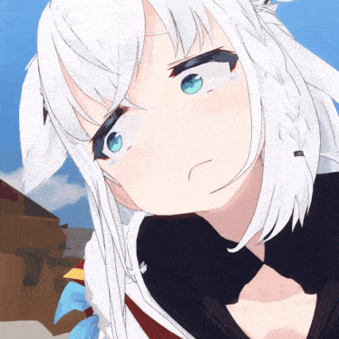 a girl with white hair and blue eyes is making a face