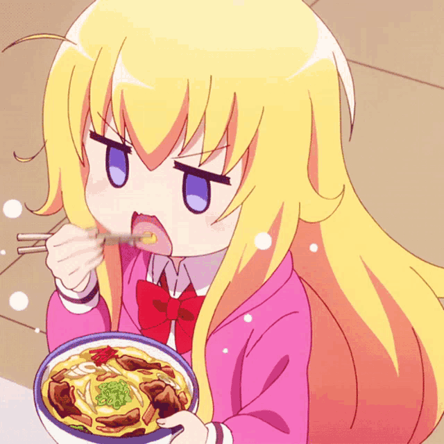 a girl with blonde hair and blue eyes is eating a bowl of food with chopsticks