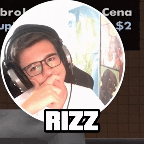 a man wearing headphones and glasses with the name rizz on the bottom