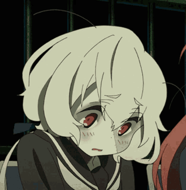 a girl with white hair and red eyes is looking at the camera