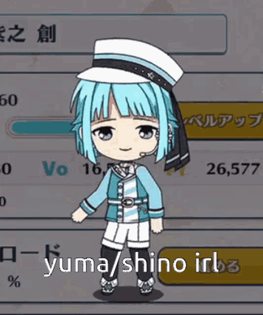 a cartoon character with blue hair and a white hat is standing in front of a screen that says yuma / shino irl