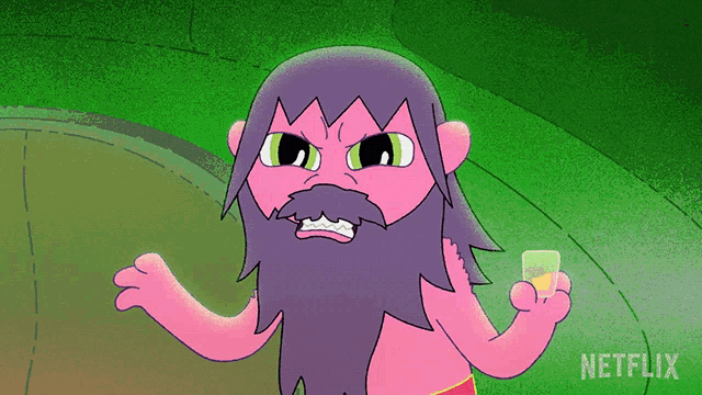 a cartoon character with a beard is holding a shot glass with a netflix logo in the corner