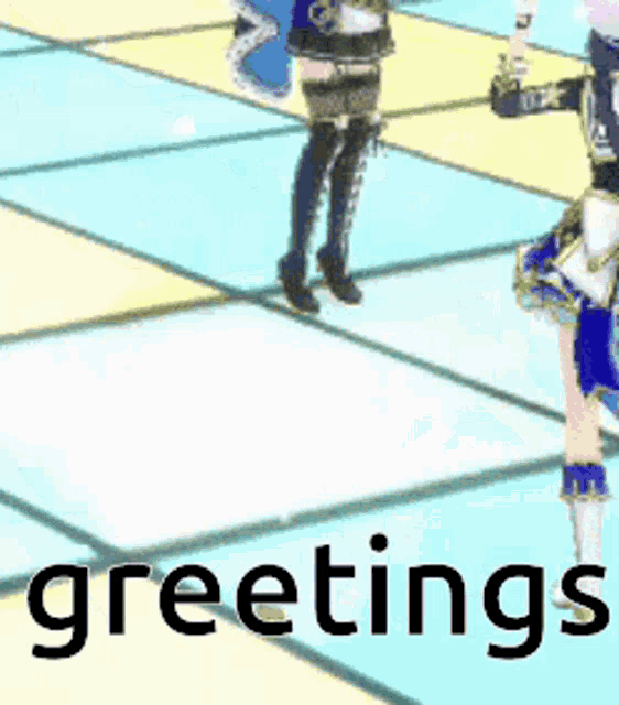 two anime girls are dancing on a dance floor with the words greetings in the bottom right corner