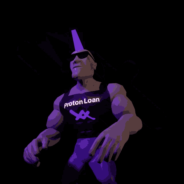 a man with glasses is holding a purple arrow pointing upwards