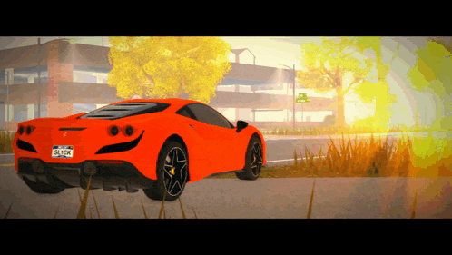 a red sports car with a license plate that says slick