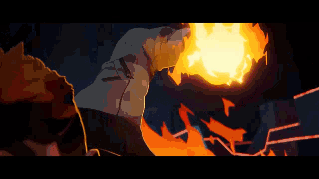 a cartoon drawing of a person holding a fireball in their hand