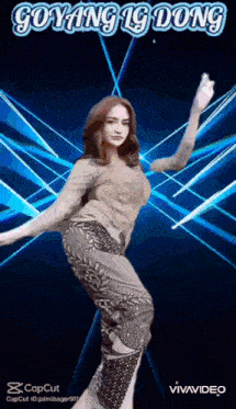 a woman is dancing in front of a blue background with the words goyang 19 dong on it