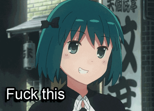 a picture of a girl with green hair and the words " fuck this " on the bottom