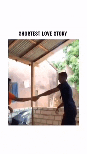a man is hugging another man on a porch with the words shortest love story written above him .