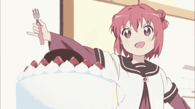 a girl with pink hair is holding a knife over a cake with strawberries