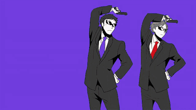 a couple of anime characters standing next to each other with their hands on their heads