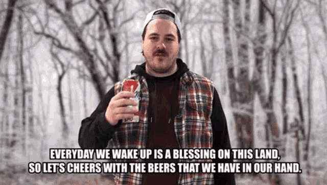 a man in a plaid vest is holding a can of budweiser